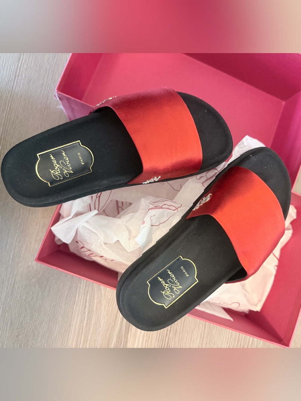 Roger Vivier Red Satin Slide Sandals with Black Footbed - Brand New Size 34